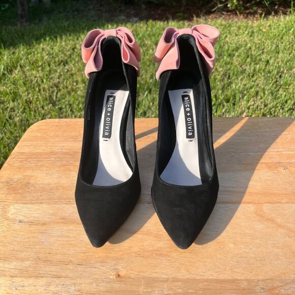 Alice + Olivia Black Velvet Pink Bow Stiletto Pumps Size 37 / US 6.5 - Picture 1 of 11